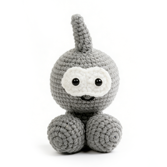 Cute Knitted Gray Alien with Antenna - Quirky Goggle Eye Amigurumi Doll