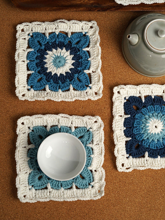 DIY crochet blue and white porcelain coaster kit; homemade Maillard yarn heat insulation mat gift for family friends