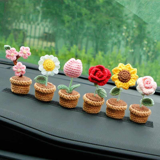 Crochet DIY kit Mini potted plant bouquet, handmade yarn flowers, homemade tulips, car ornaments