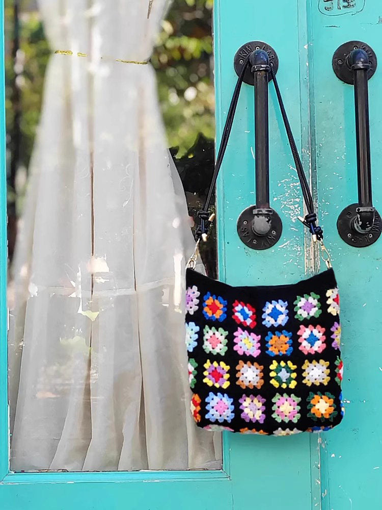 Granny Square Hand-Knitted Bag — Crochet DIY Kit | Wool Knit Camellia Shoulder Bag | Handmade Gift