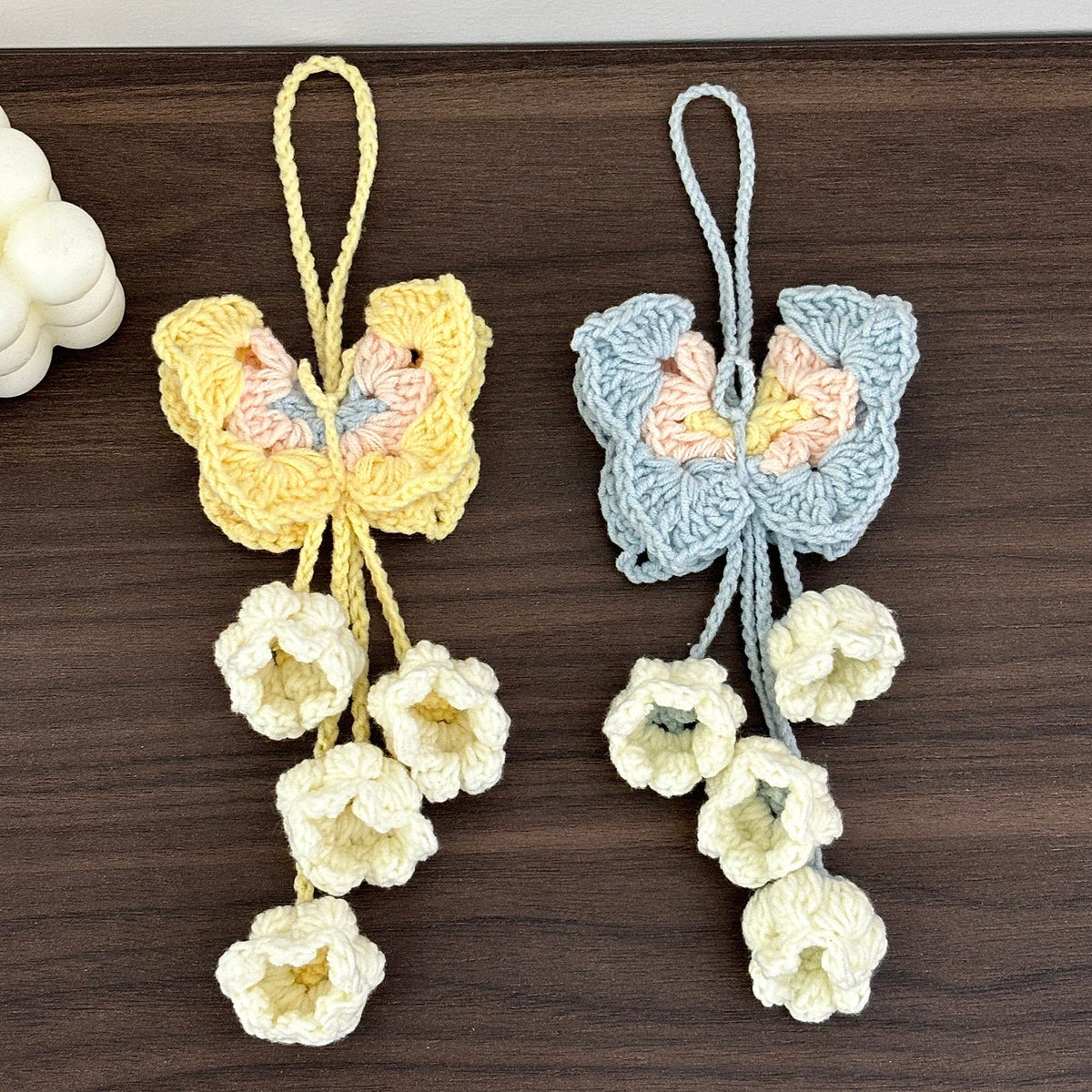 Handmade woven butterfly lily of the valley flower pendant, DIY material kit for making bag charms, keychains, and gifts.