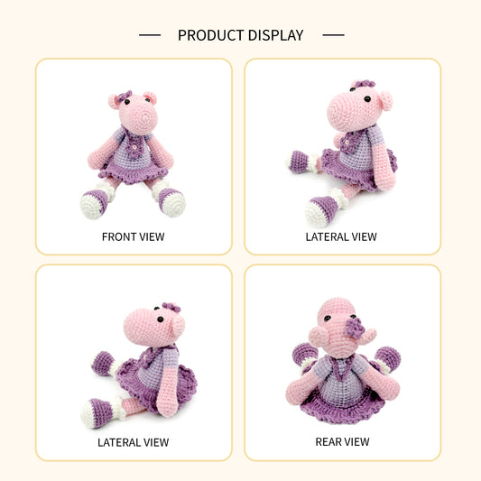 Handmade Crochet Hippo Plush - Cute Amigurumi Animal in Purple Dress