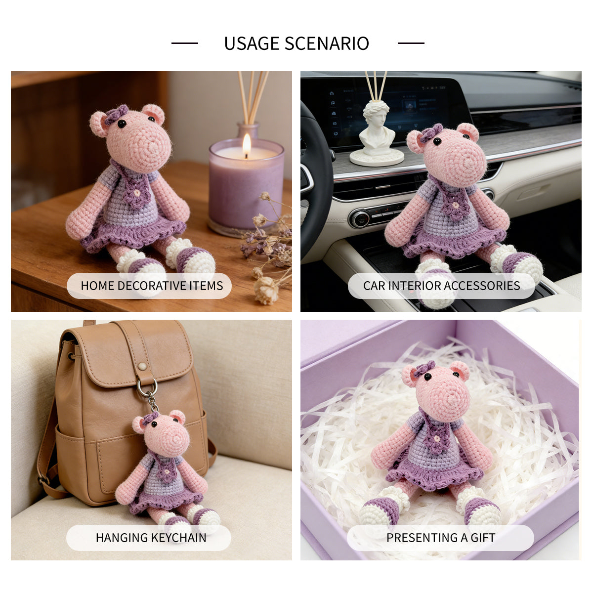 Handmade Crochet Hippo Plush - Cute Amigurumi Animal in Purple Dress