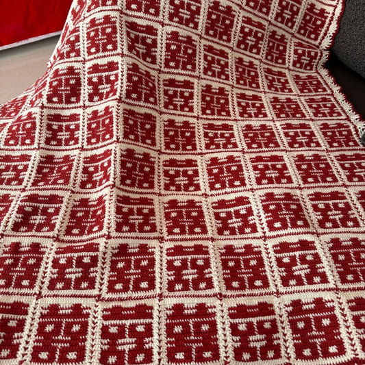 Red and white patterned fabric with double happiness symbol