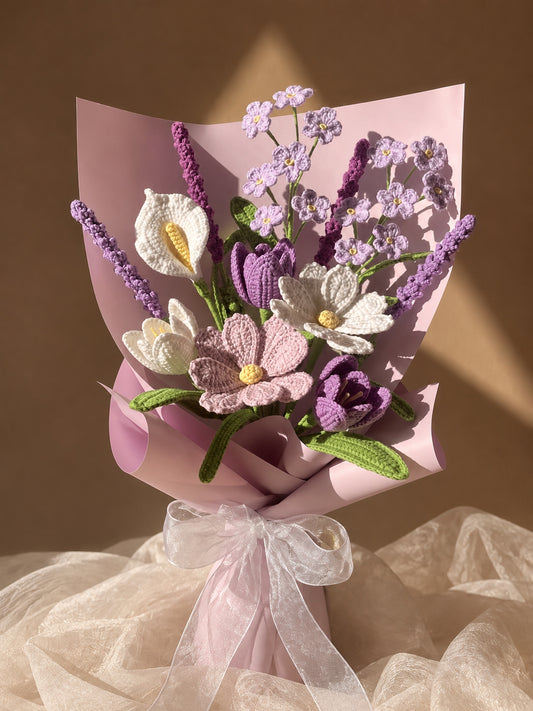 Purple Tulip Style Flower Crochet Bouquet