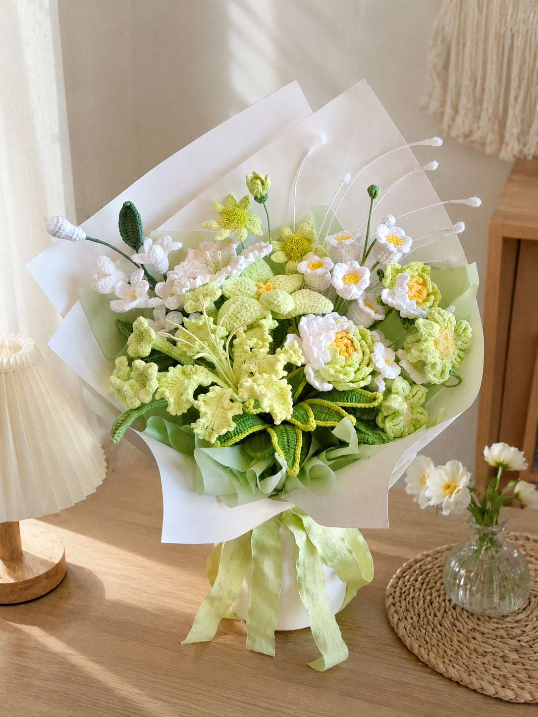 Crochet Peonies Green Leaves Style Bouquet