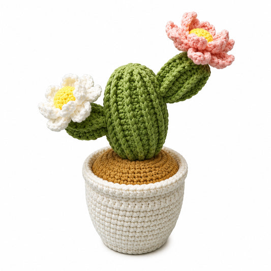 Handmade Crochet Flowering Cactus Potted Plant