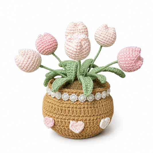 Handmade Crochet Six-Bloom Tulip Potted Plant