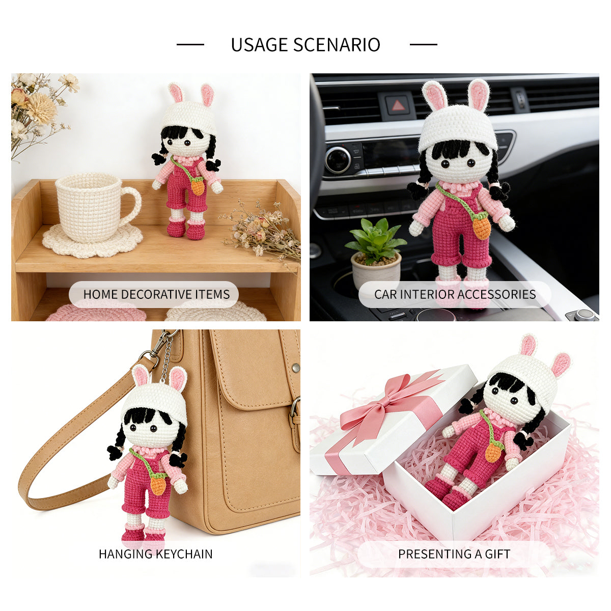 Crochet Bunny Girl Doll, Handmade Amigurumi Plush Toy for Kids Gift