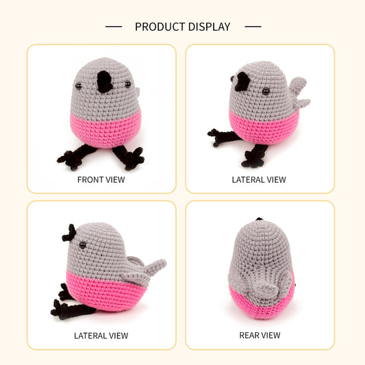 Crochet Bird Plush Toy, Handmade Gray Pink Amigurumi Animal Doll Gift