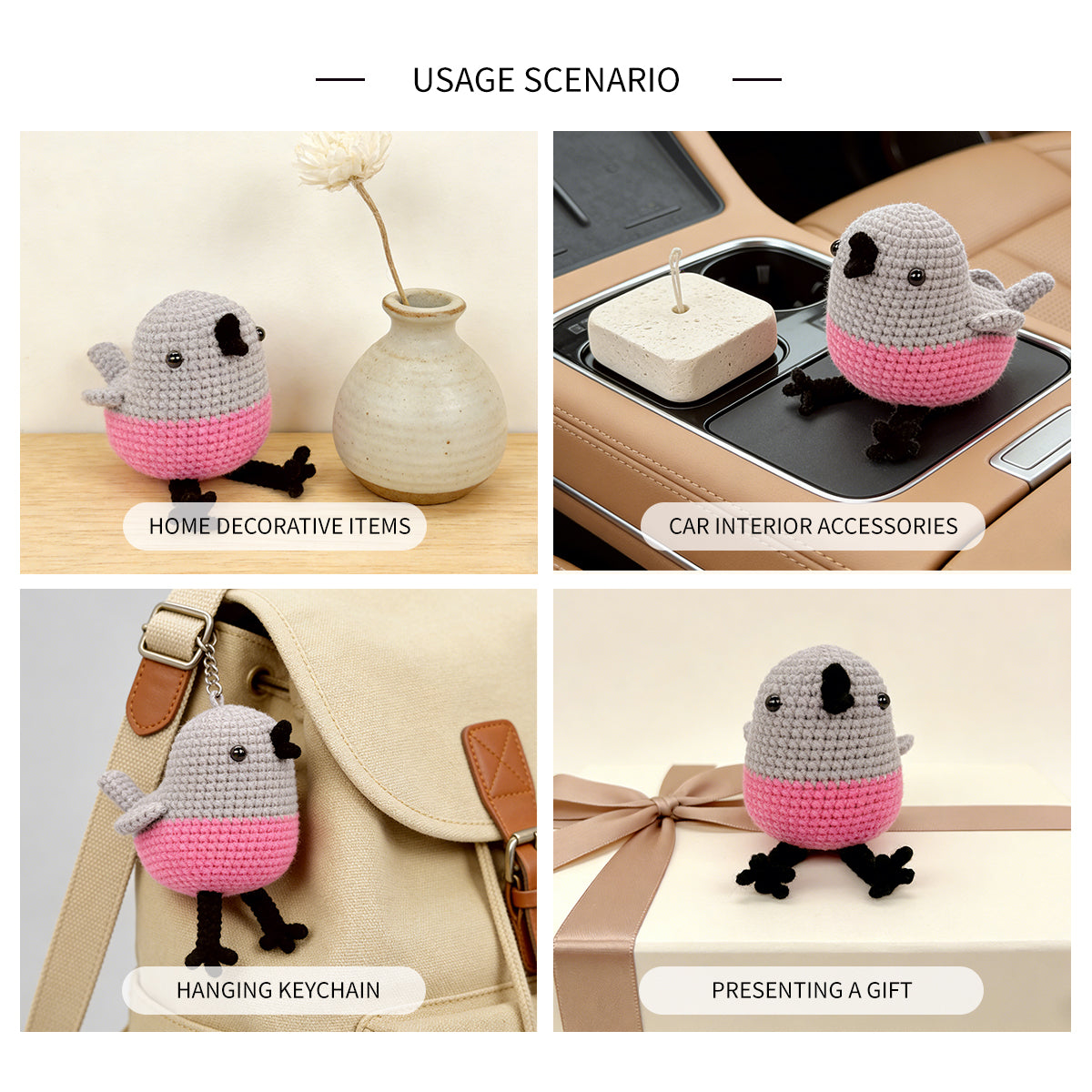 Crochet Bird Plush Toy, Handmade Gray Pink Amigurumi Animal Doll Gift