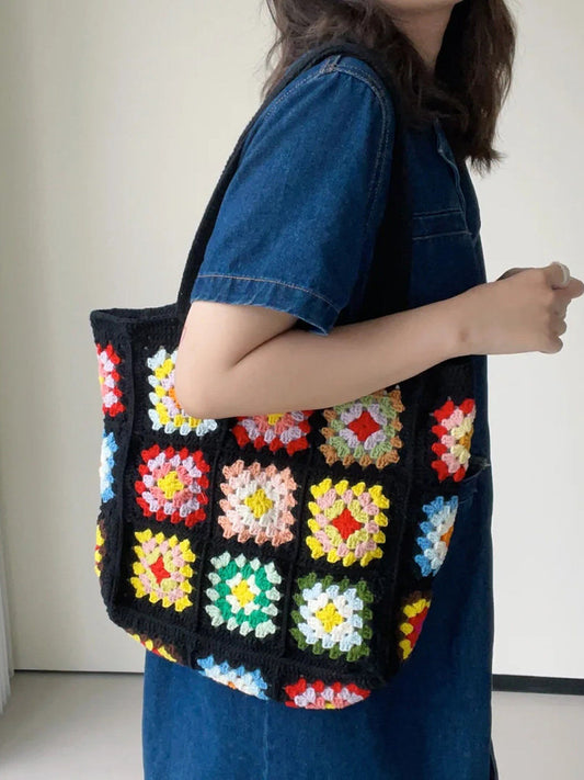 Granny Square Hand-Knitted Bag — Crochet DIY Kit | Wool Knit Camellia Shoulder Bag | Handmade Gift