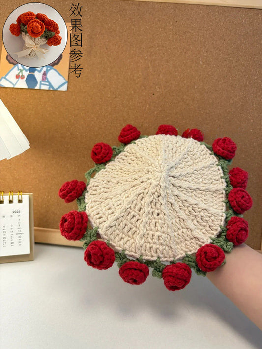 Mini rose bouquet blanket coaster yarn crochet DIY knitting kit
