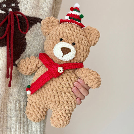 DIY Christmas Scarf with Ice Cream Yarn, Bear Plush Toy Material Kit - Handmade Knitting Gift - Cute Crochet