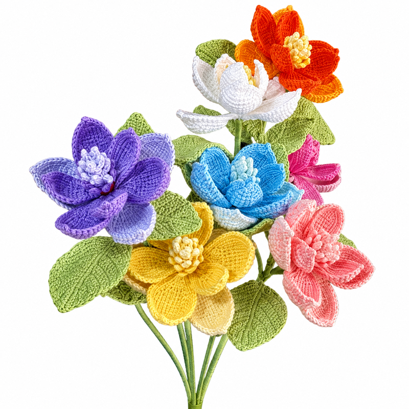 A bouquet of crocheted fabric flowers in multiple colors including purple, blue, pink, yellow, orange, and white, with green textured leaves and stems, isolated on a white background.