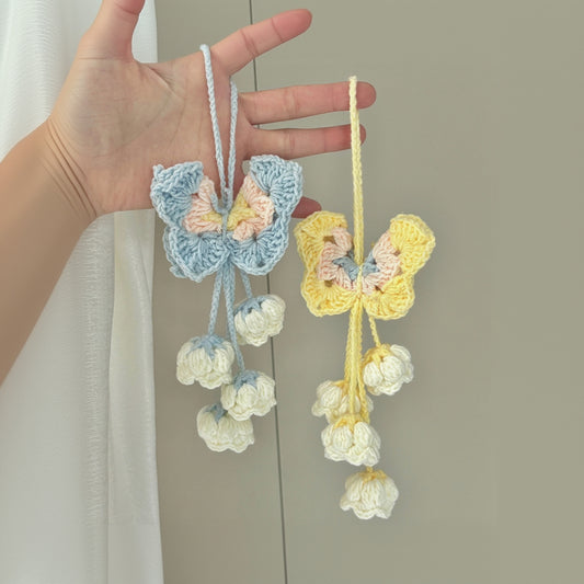 Handmade woven butterfly lily of the valley flower pendant, DIY material kit for making bag charms, keychains, and gifts.