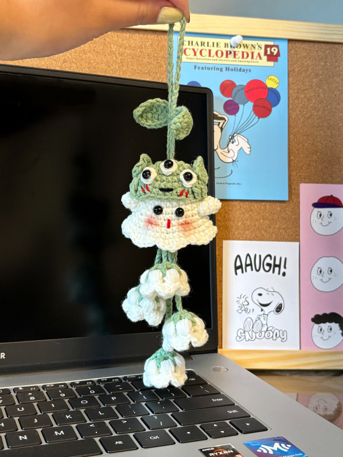 Three-eyed ghost lily of the valley pendant, Hello Kitty cat, little panda backpack, DIY crochet kit, gift set.