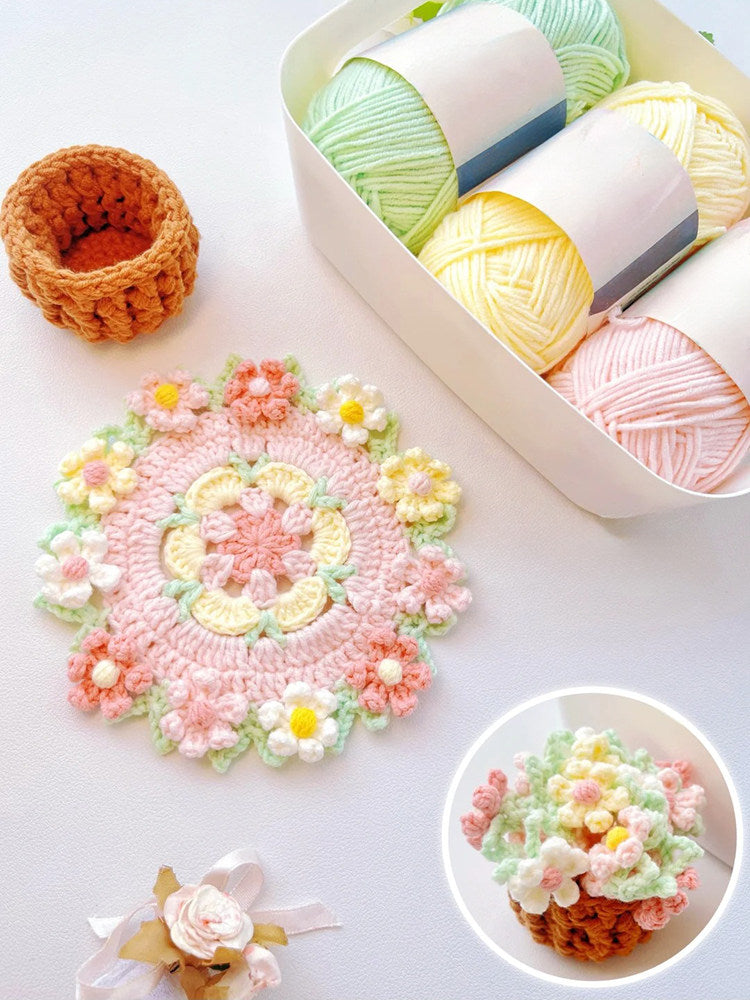 Daisy bouquet coaster DIY crochet kit with lily of the valley hand-knitted roses