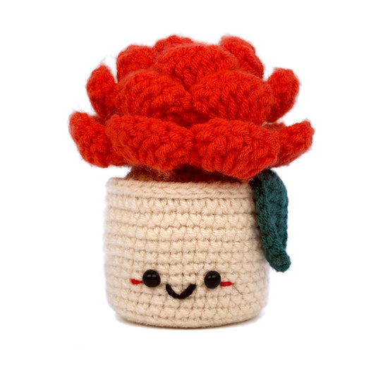 Crochet Potted Flower Plush, Handmade Red Rose Amigurumi Plant Decor