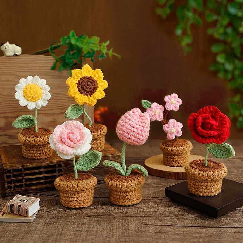 Crochet DIY kit Mini potted plant bouquet, handmade yarn flowers, homemade tulips, car ornaments
