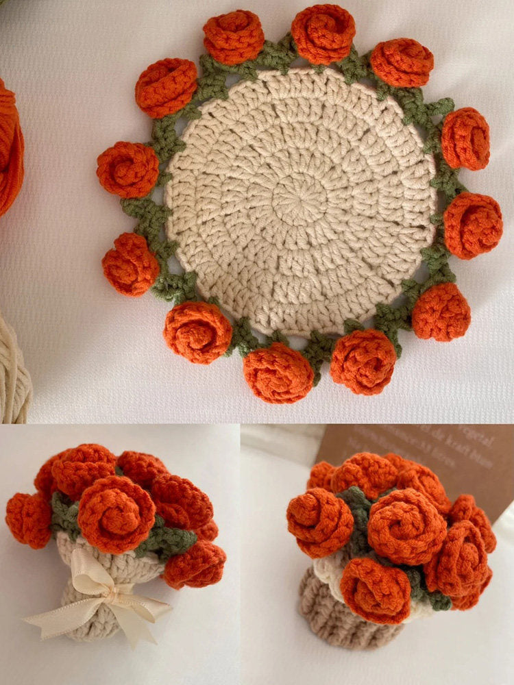 Mini rose bouquet blanket coaster yarn crochet DIY knitting kit