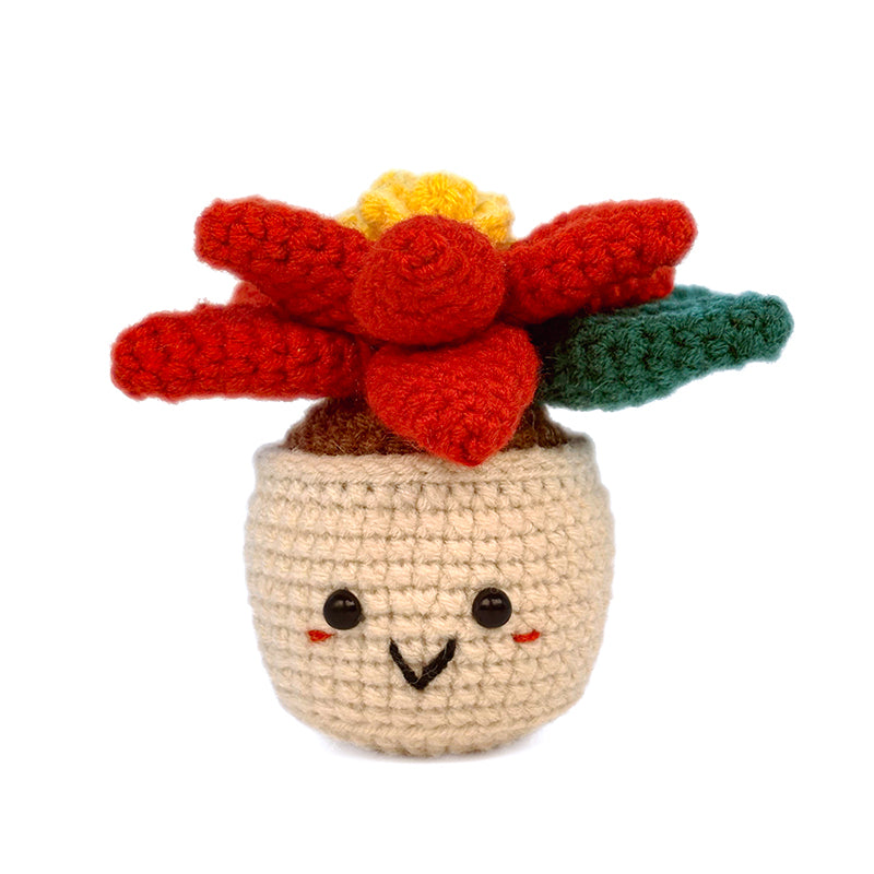 Crochet Red Flower Pot Plush, Handmade Amigurumi Plant Decor Gift