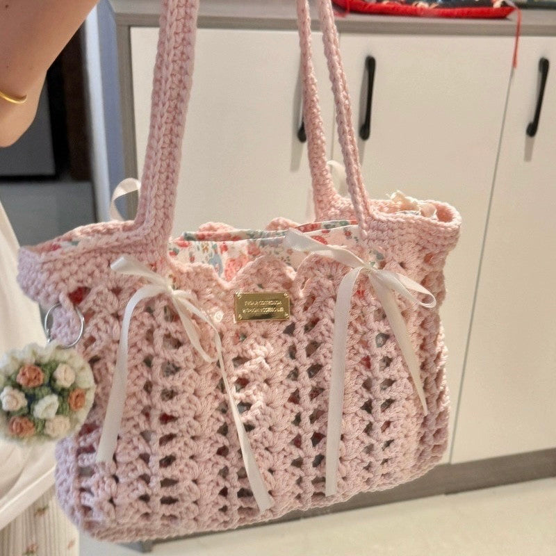 DIY Crochet Summer Floral Wedding Openwork Bag Small Round Yarn Shoulder Bag Knitting DIY Material Kit