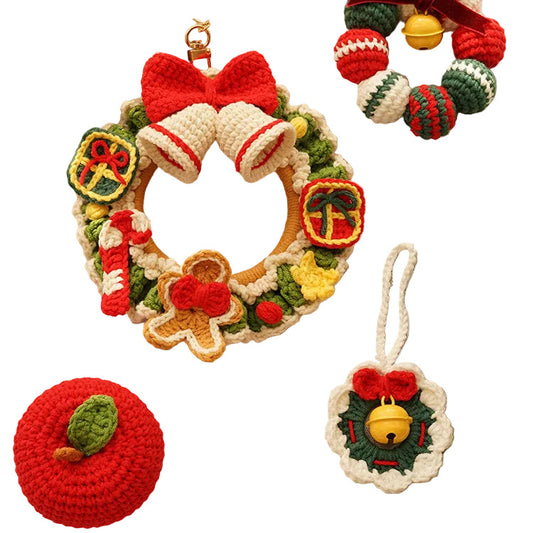 Set of crocheted Christmas decorations on a checkered tablecloth