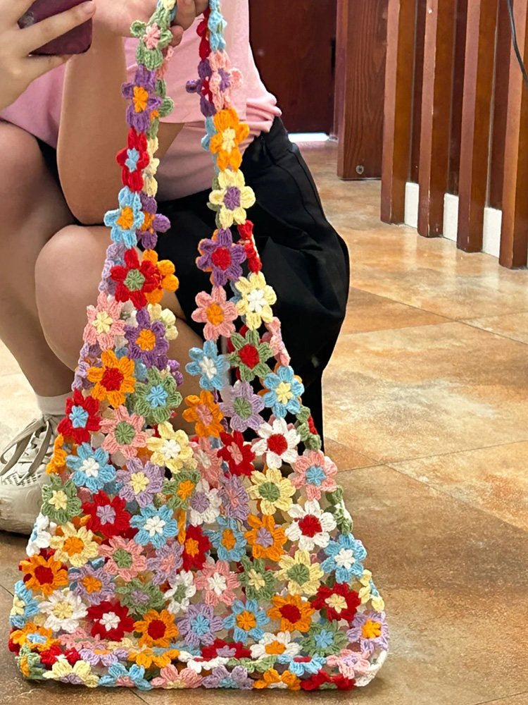 DIY Crochet Bag Material Kit with Yarn, Homemade Knitted Flower Shoulder Bag