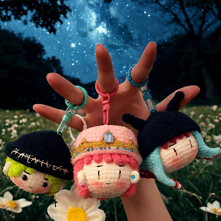 Three small plush characters on keychains held against a night sky with stars.
