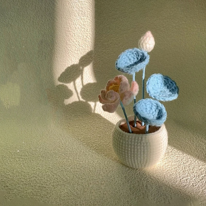 Hand-Woven Flower Bouquet DIY Kit — Featuring Miniature Potted Lotus, Sunflowers, and Handcrafted Crocheted Roses
