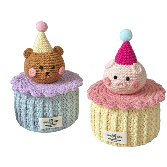Piggy and Bear Desktop Organizer - DIY Craft Kit with Crochet and Knitting Materials.