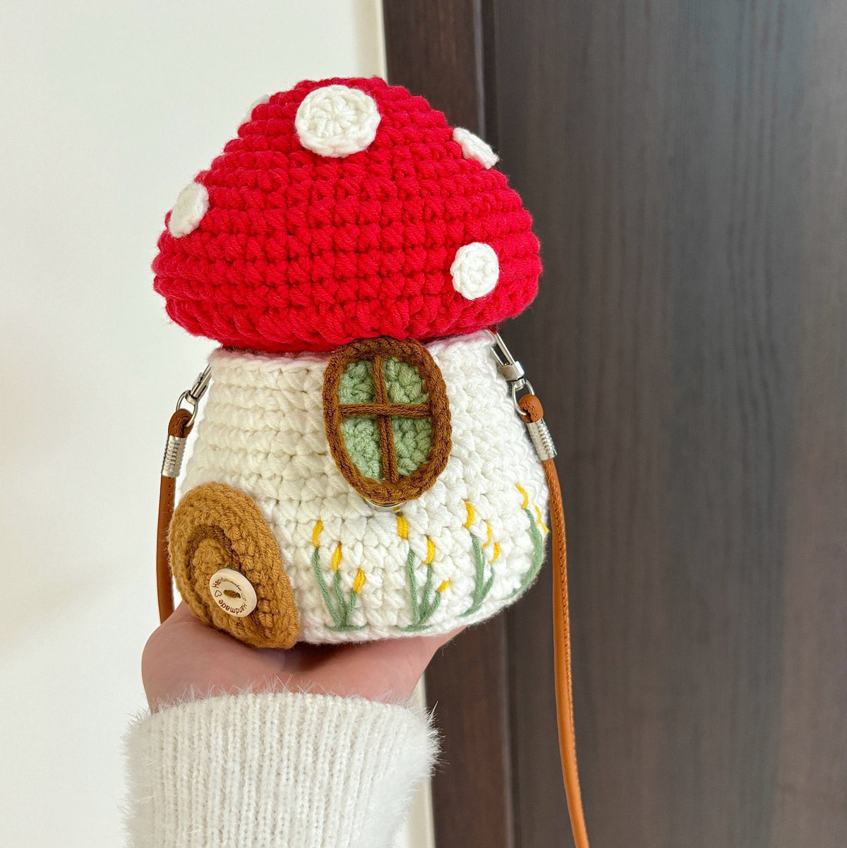 DIY handmade mushroom crossbody bag, crochet kit, knitted phone bag, a fun way to pass the time.