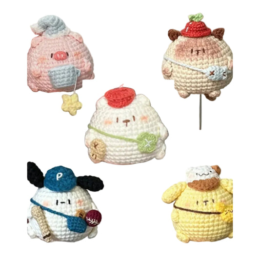 Collage of various small crocheted toys held by hands against a neutral background.
