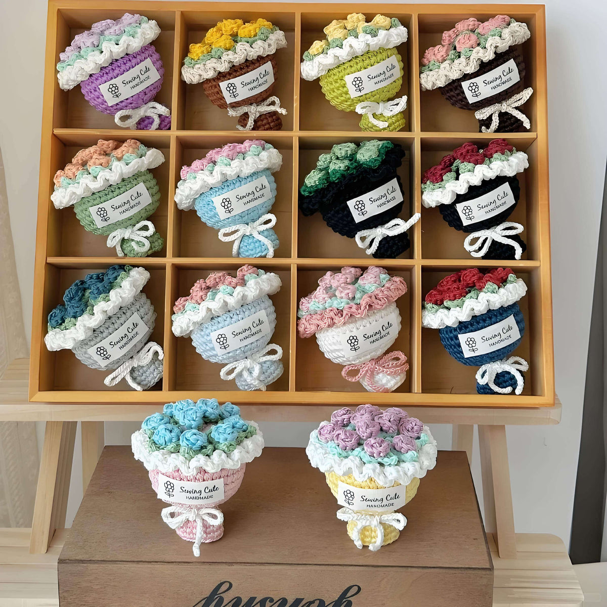 Mini bouquets, handmade crochet and knitted keychains, birthday gifts