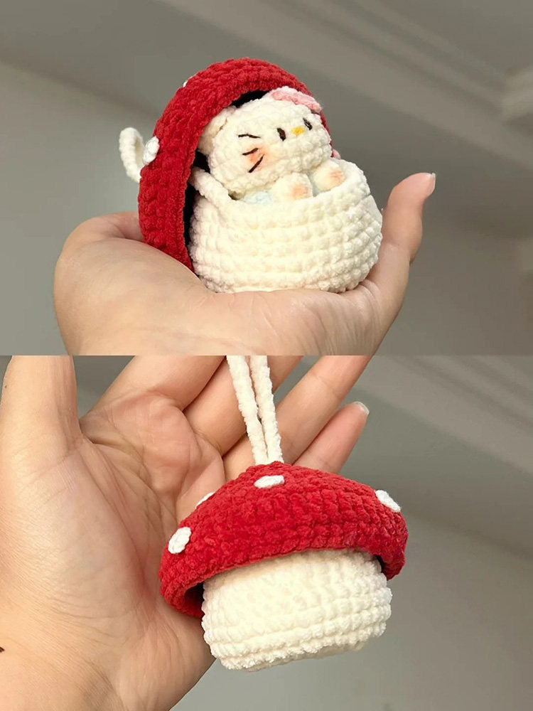 DIY Crochet Kit for Mushroom Pocket Kitty Charms - Knitting Doll Gifts (Free Keychain + Tools + Tutorial)