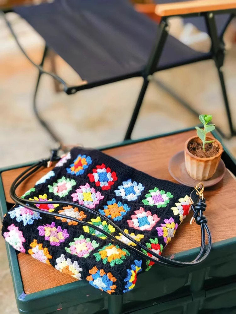 Granny Square Hand-Knitted Bag — Crochet DIY Kit | Wool Knit Camellia Shoulder Bag | Handmade Gift