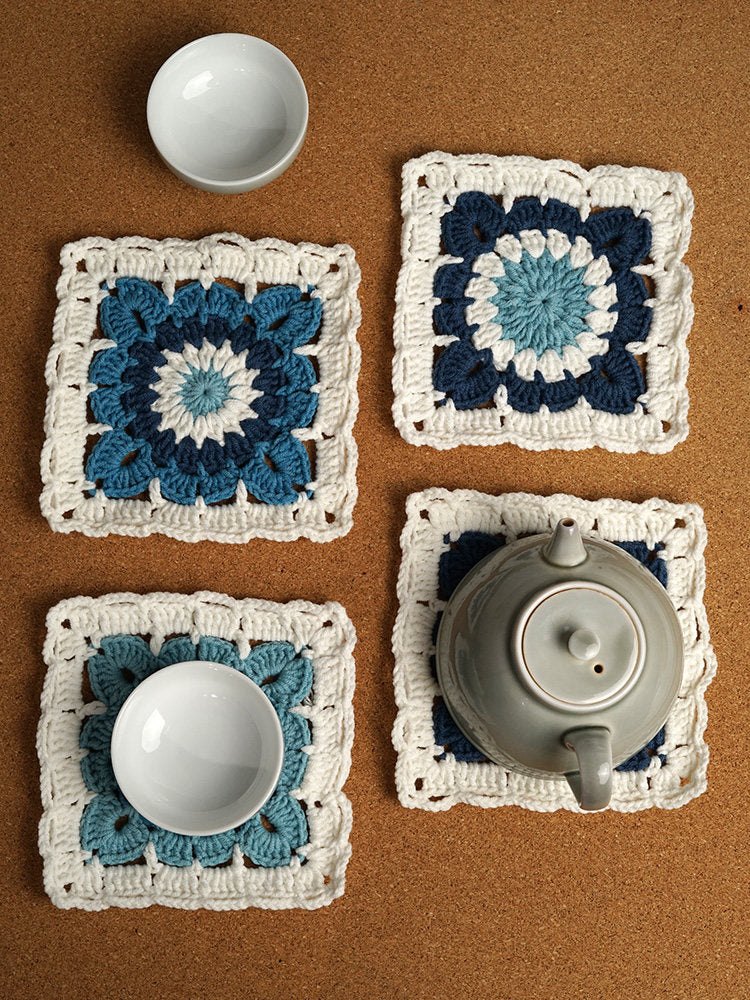 DIY crochet blue and white porcelain coaster kit; homemade Maillard yarn heat insulation mat gift for family friends
