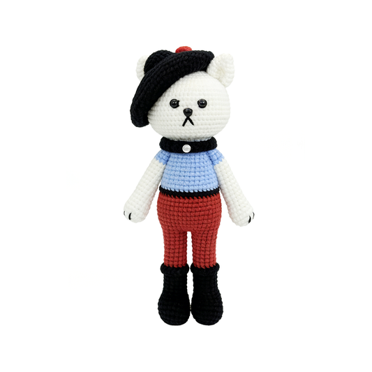 Grumpy French Bear Crochet Plush - Quirky Amigurumi Artist Doll