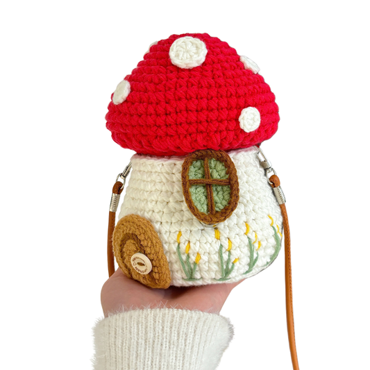 DIY handmade mushroom crossbody bag, crochet kit, knitted phone bag, a fun way to pass the time.