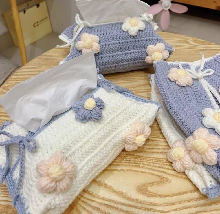 Puff Flower Strawberry Lily of the Valley Tissue Box Knitting DIY Material Kit Yarn Crochet Hook Tissue Box