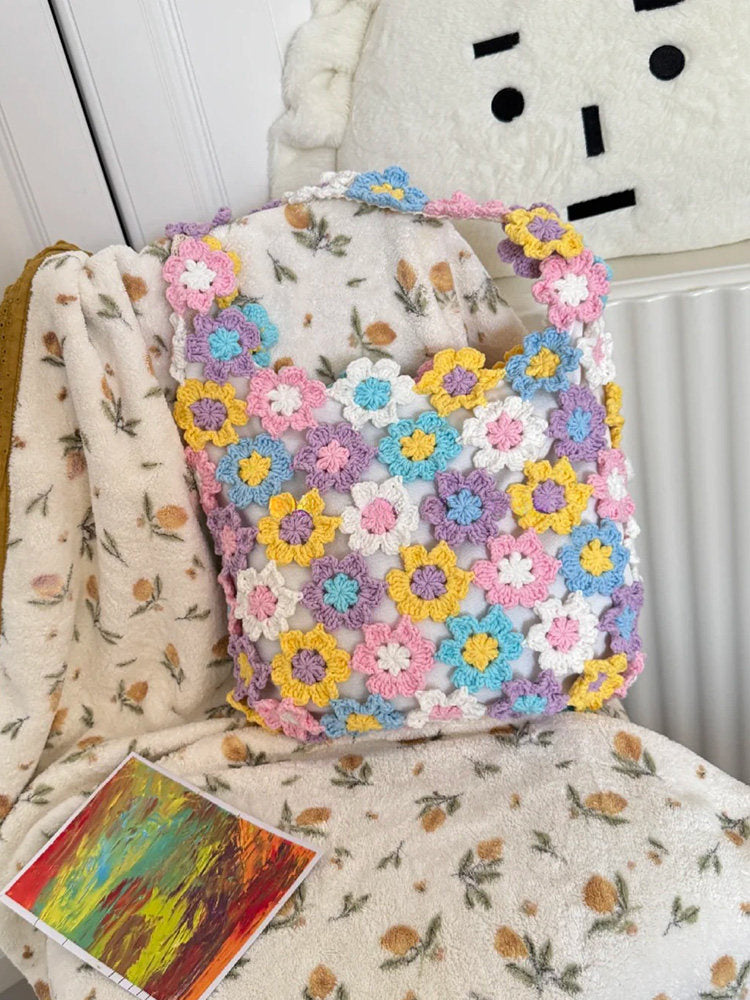 DIY crocheted bag kit with yarn, flower knitting, shoulder bag