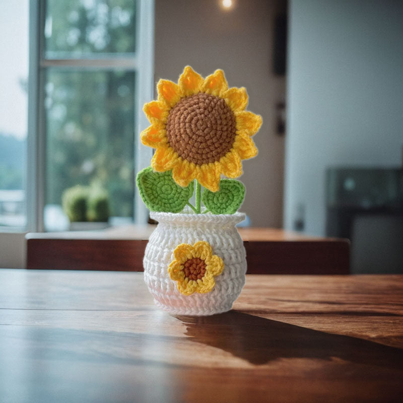 Hand-Woven Flower Bouquet DIY Kit — Featuring Miniature Potted Lotus, Sunflowers, and Handcrafted Crocheted Roses
