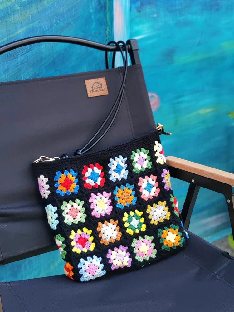 Granny Square Hand-Knitted Bag — Crochet DIY Kit | Wool Knit Camellia Shoulder Bag | Handmade Gift