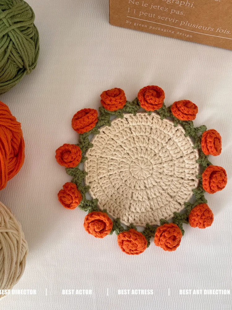 Mini rose bouquet blanket coaster yarn crochet DIY knitting kit