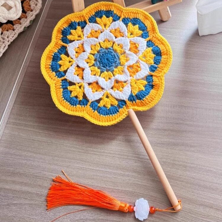 DIY crochet fan kit with traditional Chinese style, featuring Dunhuang patterns, for handmade crafts, including coasters and fans as gifts.