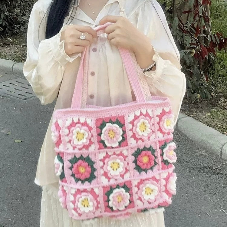 Camellia hand-knitted shoulder handbag diy material bag wool crochet granny bag gift homemade