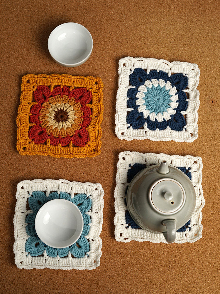 DIY crochet blue and white porcelain coaster kit; homemade Maillard yarn heat insulation mat gift for family friends