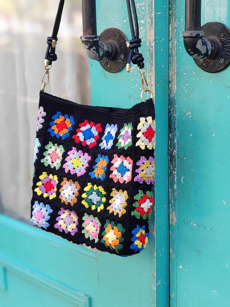 Granny Square Hand-Knitted Bag — Crochet DIY Kit | Wool Knit Camellia Shoulder Bag | Handmade Gift