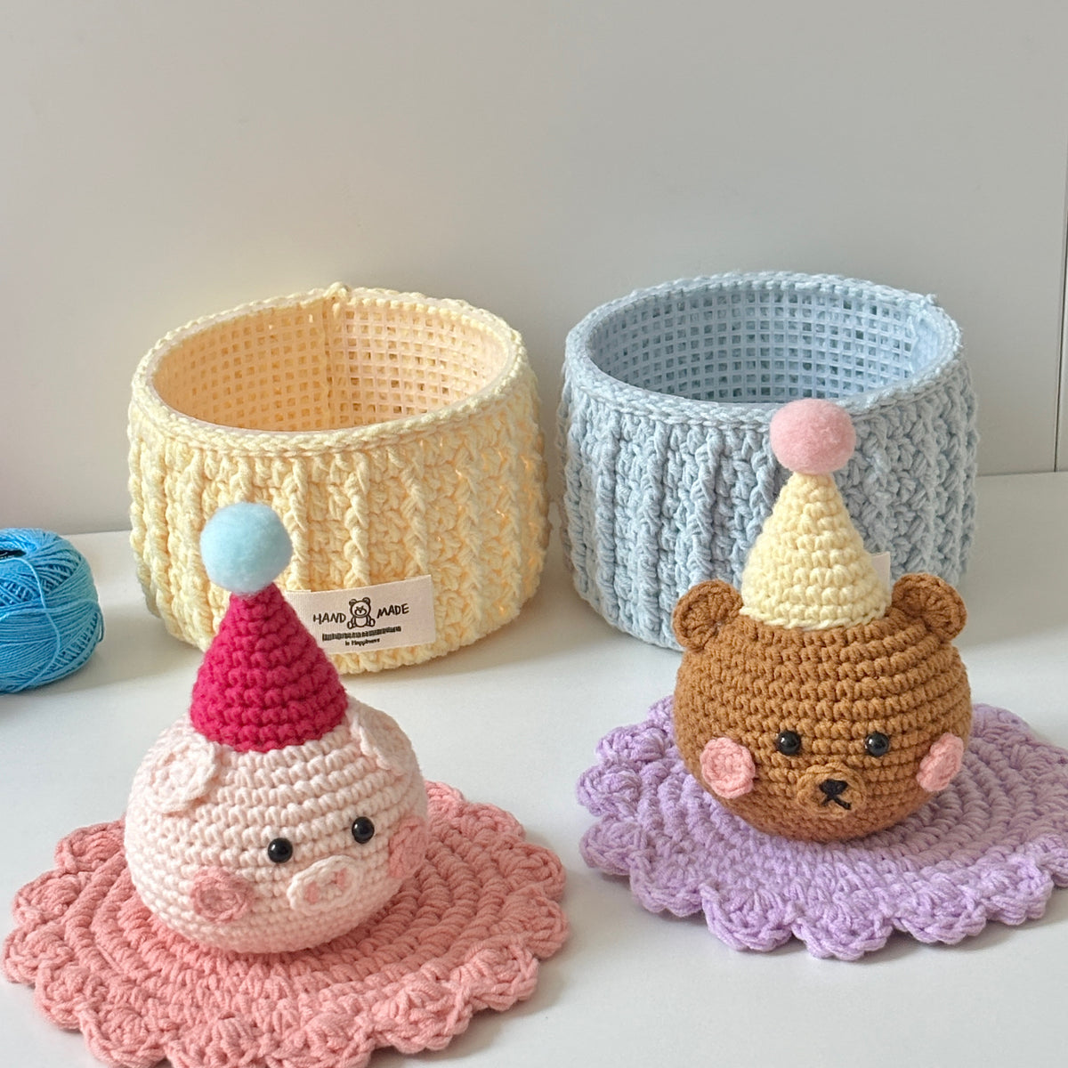 Piggy and Bear Desktop Organizer - DIY Craft Kit with Crochet and Knitting Materials.